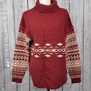 Vintage ORVIS M Women's Red Fair Isle Sweater Snowflake Turtleneck 100% Wool